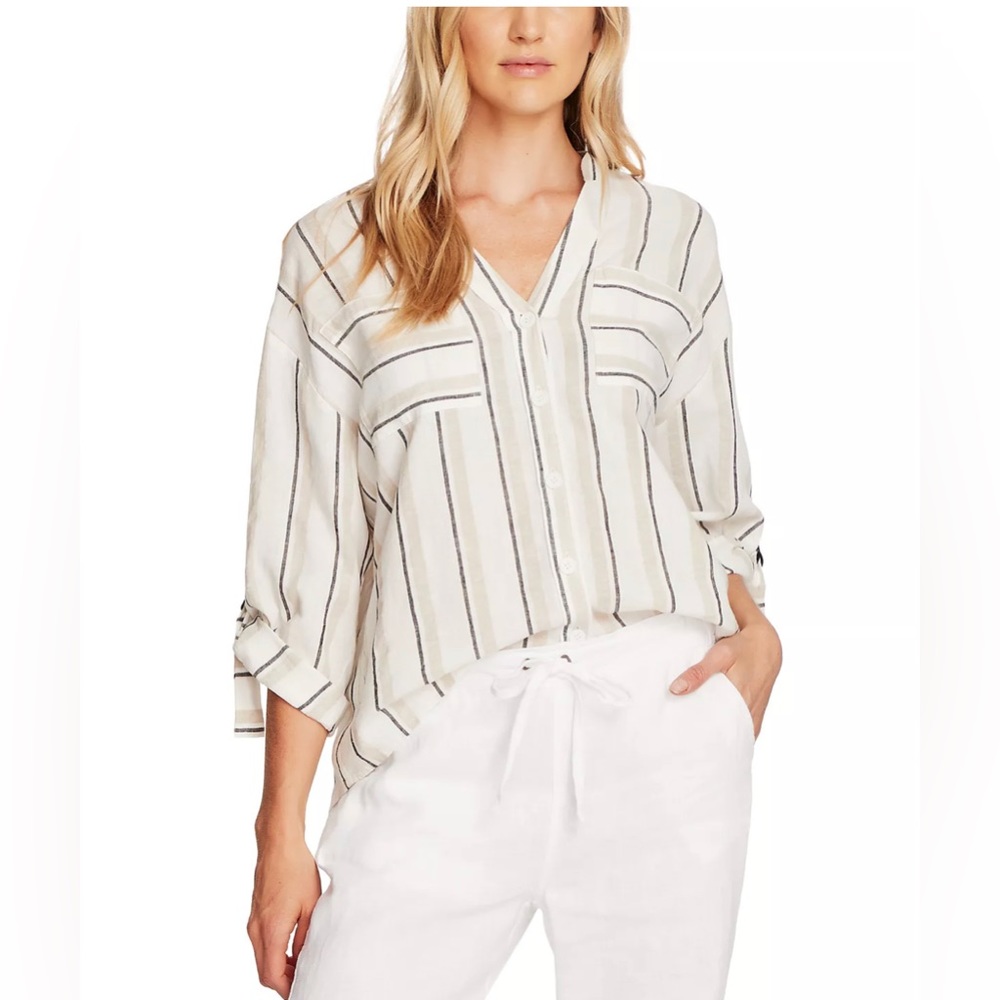 Vince Camuto Linen Blend Striped Roll-Tab Shirt